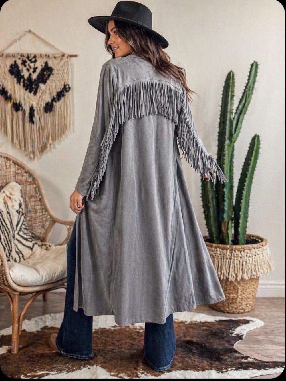 Gray Fringe Suede Duster